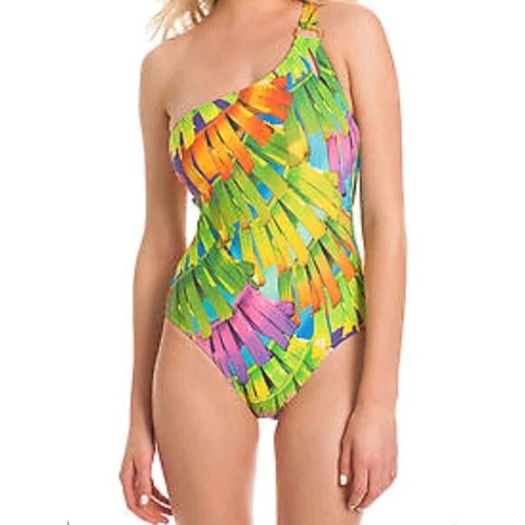 Trina Turk Polynesian Palms One-Piece Swimsuit One-Shoulder Size 6 Pre-Owned - Picture 2 of 11